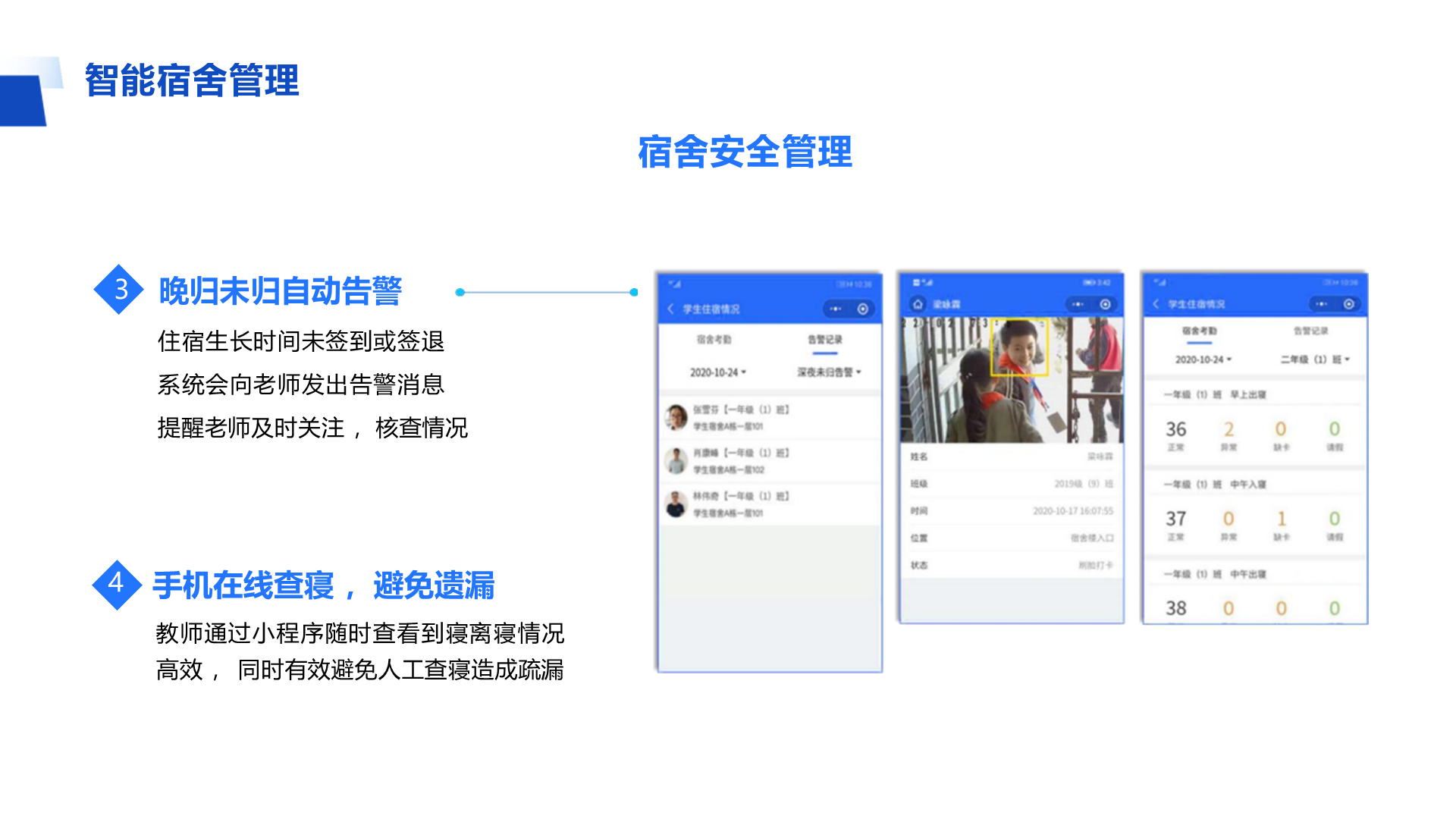 3 晚归未归自动告警 住宿生长时间未签到或签退 系统会向老师发出告警消息 提醒老师及时关注 ，核查情况 4 手机在线查寝 ，避免遗漏 教师通过小程序随时查看到寝离寝情况 高效 ， 同时有效避免人工查寝造成疏漏 智能宿舍管理 宿舍安全管理