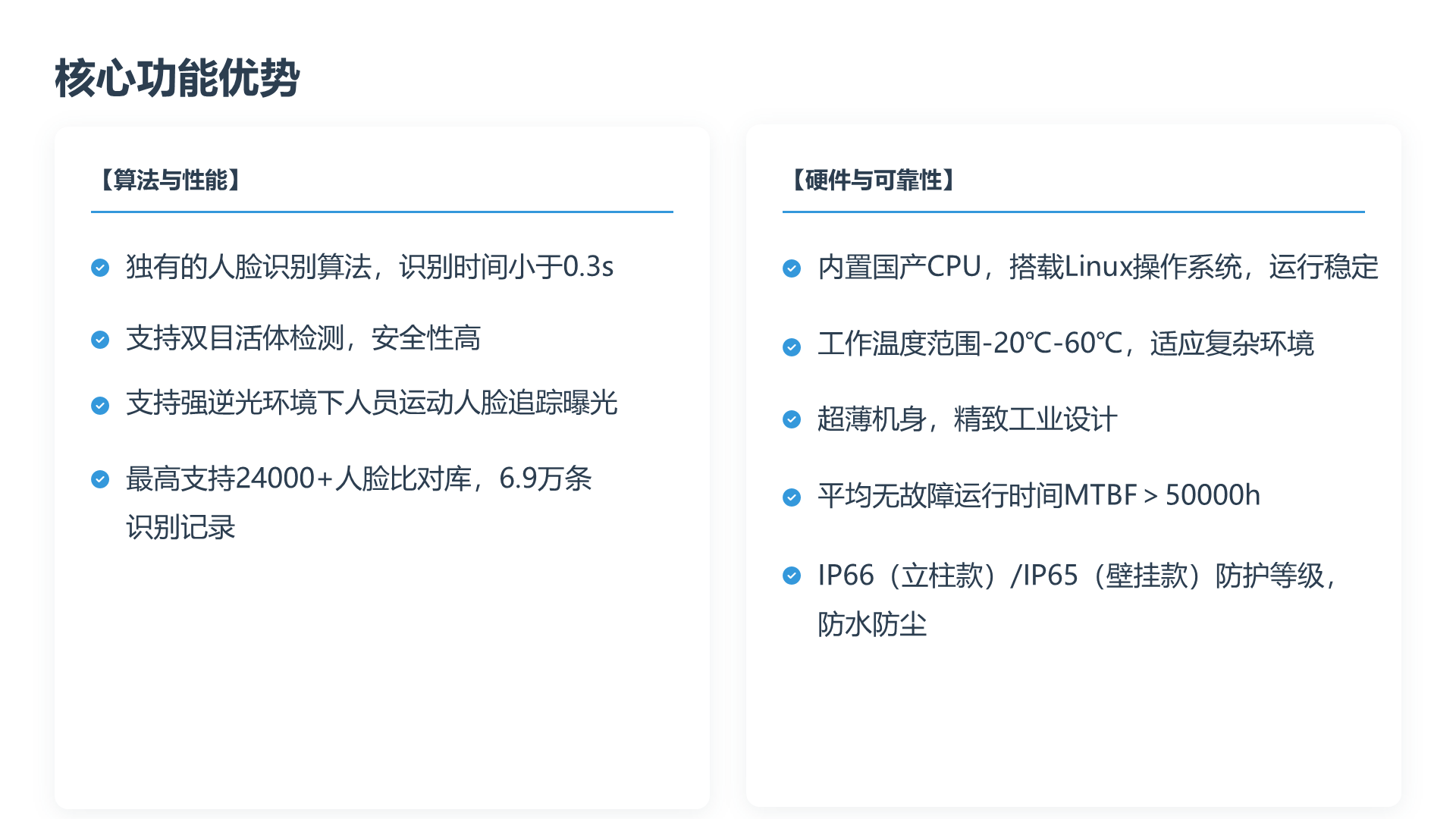 核心功能优势 【算法与性能】 独有的人脸识别算法，识别时间小于0.3s 支持双目活体检测，安全性高 支持强逆光环境下人员运动人脸追踪曝光 最高支持24000+人脸比对库，6.9万条识别记录 【硬件与可靠性】 内置国产CPU，搭载Linux操作系统，运行稳定 工作温度范围-20℃-60℃，适应复杂环境 超薄机身，精致工业设计 平均无故障运行时间MTBF＞50000h IP66（立柱款）/IP65（壁挂款）防护等级，防水防尘