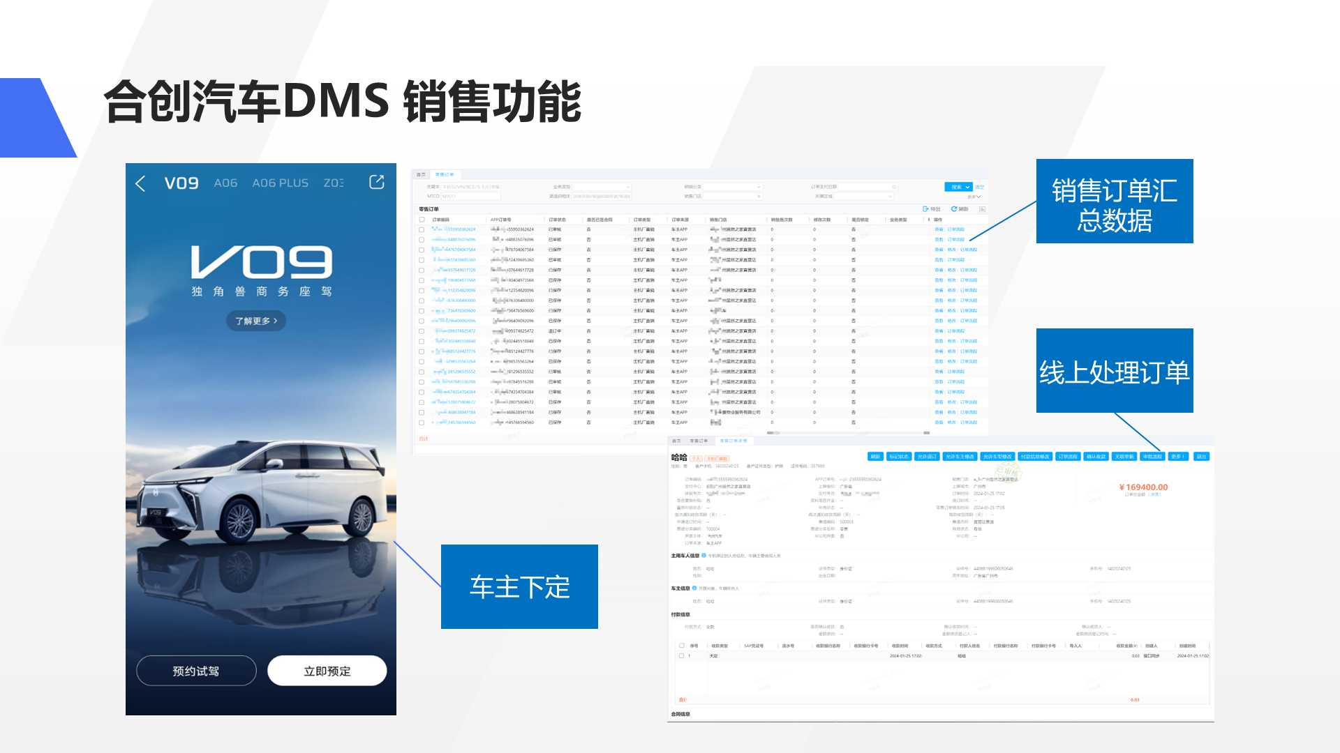 合创汽车DMS 销售功能 车主下定 销售订单汇总数据 线上处理订单