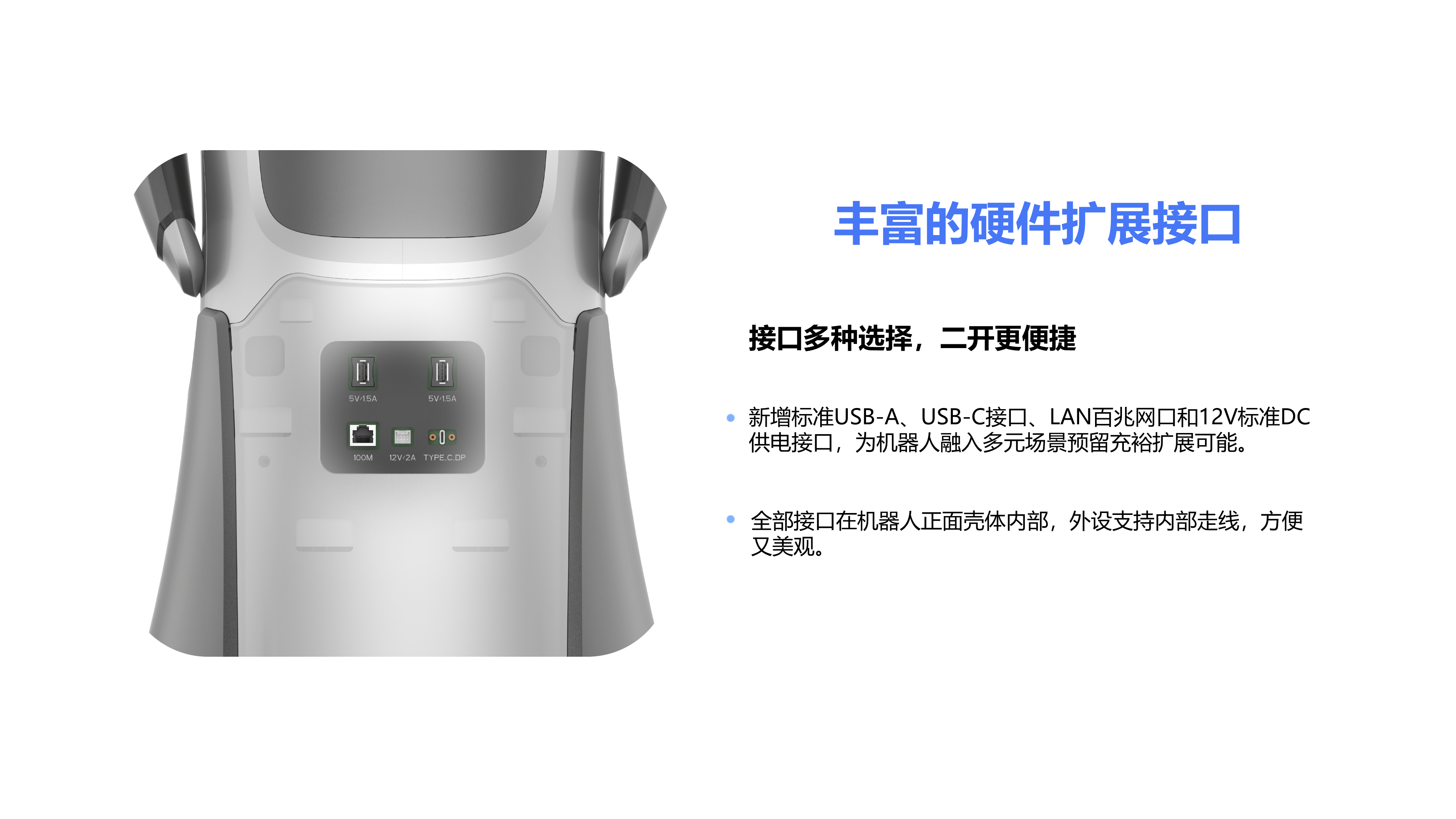 接口多种选择，二开更便捷 全部接口在机器人正面壳体内部，外设支持内部走线，方便又美观。 新增标准USB-A、USB-C接口、LAN百兆网口和12V标准DC供电接口，为机器人融入多元场景预留充裕扩展可能。 丰富的硬件扩展接口