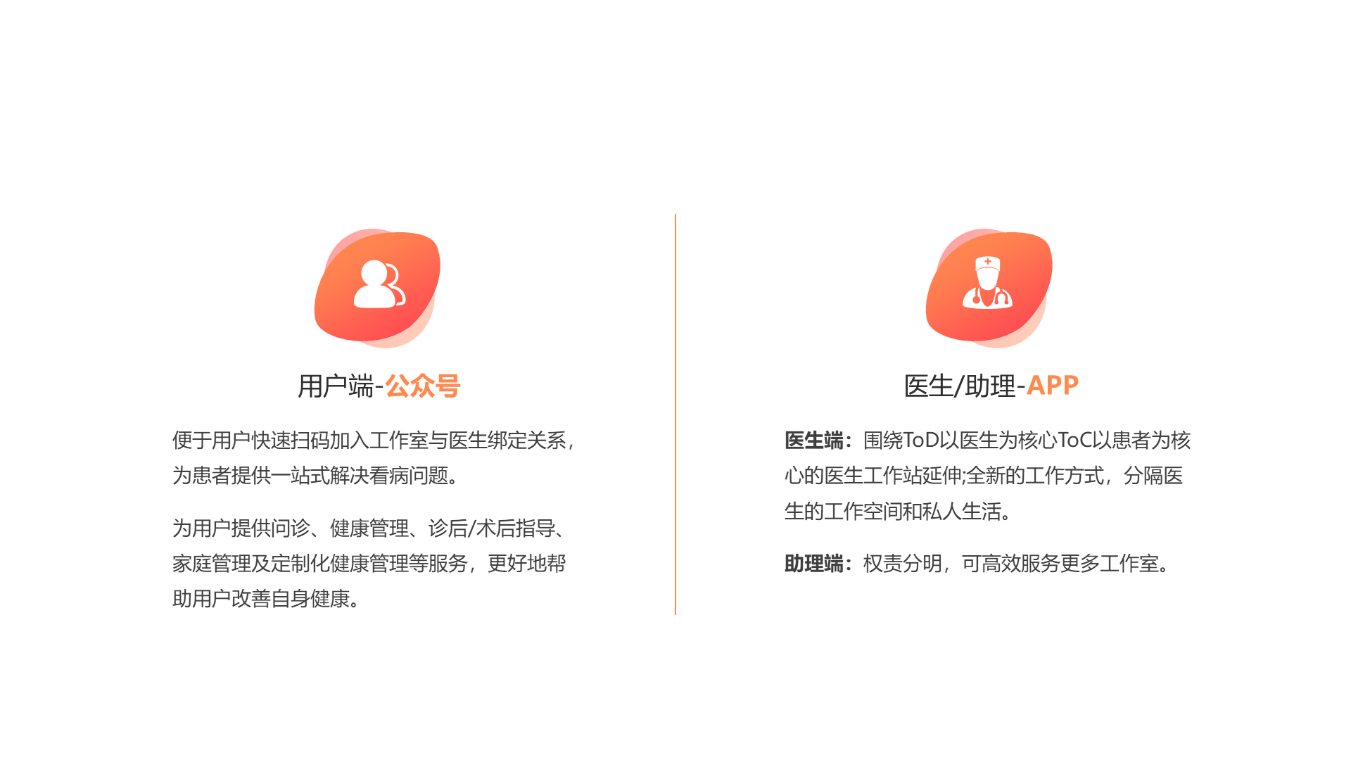 用户端-公众号 便于用户快速扫码加入工作室与医生绑定关系，为患者提供一站式解决看病问题。 为用户提供问诊、健康管理、诊后/术后指导、家庭管理及定制化健康管理等服务，更好地帮助用户改善自身健康。 医生/助理-APP 医生端：围绕ToD以医生为核心ToC以患者为核心的医生工作站延伸;全新的工作方式，分隔医生的工作空间和私人生活。 助理端：权责分明，可高效服务更多工作室。